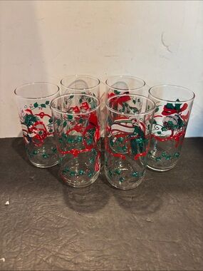 Libbey House Of Lloyd Christmas Ornament Holly Glasses Tumblers Set of 6